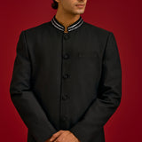 Black Cotton Silk Sherwani Set