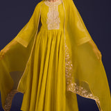 Mustard Silk Anarkali Set