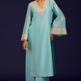 Aqua Silk Embroidered Kurta Set