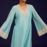 Aqua Silk Embroidered Kurta Set