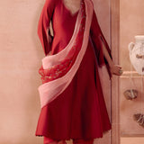 Red Tonal Embroidered Anarkali Set