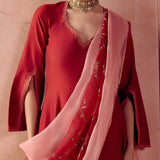 Red Tonal Embroidered Anarkali Set