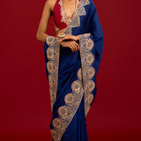 Navy Blue Embroidered Silk Saree