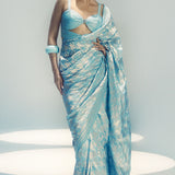Open Border Powder Blue Houndstooth Saree
