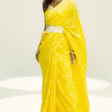 Yellow Windowpane Check Saree