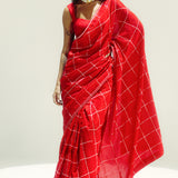 Red Windowpane Check Saree