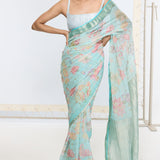 Handwoven Aqua Blue Printed Saree