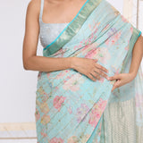 Handwoven Aqua Blue Printed Saree