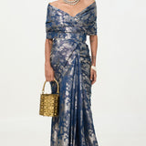 Ekaya Handwoven Navy Blue Tissue Saree