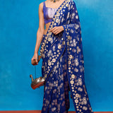 Handwoven Blue Chiffon Banarasi Saree