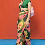 Green & Pink Multicolour Chiffon Saree