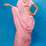 Handwoven Pink Kora Banarasi Saree