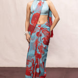 Blue Red Multicolour Chiffon Saree