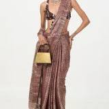 Ekaya Handwoven Dark Brown Tissue Saree