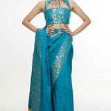 Handwoven Coral Blue Saree