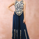 Teal Applique Blue Embroidered Choli With Sharara
