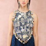 Teal Applique Blue Embroidered Choli With Sharara