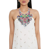 Off-White Dress With Attached Necklace Yoke