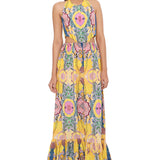 Yellow Enchanted Print Crepe Cut-Out Dress