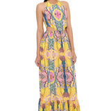 Yellow Enchanted Print Crepe Cut-Out Dress