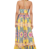 Yellow Enchanted Print Crepe Cut-Out Dress