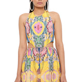 Yellow Enchanted Print Crepe Cut-Out Dress