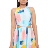 Painterly Print Crepe Cut-Out Dress