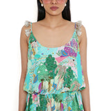 Aqua Kuno Print Crepe Embroidered Jumpsuit