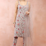 Grey Gulbagh Print Kurta And Churidar With Dupatta