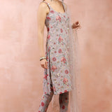 Grey Gulbagh Print Kurta And Churidar With Dupatta