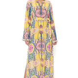 Yellow Enchanted Print Kaftan With Belt