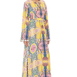 Yellow Enchanted Print Kaftan With Belt