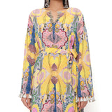 Yellow Enchanted Print Kaftan With Belt