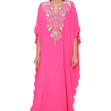 Pink Embroidered Yoke Scalloped Edge Kaftan