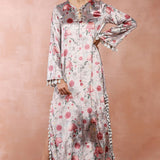 Grey Gulbagh Print Velvet Kaftan With Belt