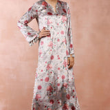 Grey Gulbagh Print Velvet Kaftan With Belt