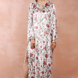 White Gulbagh Print Velvet Kaftan With Belt