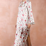 White Gulbagh Print Velvet Kaftan With Belt