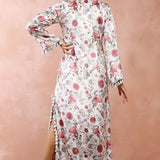 White Gulbagh Print Velvet Kaftan With Belt