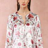 White Gulbagh Print Velvet Kaftan With Belt