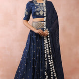 Navy Embroidered Choli And Lehenga With Dupatta