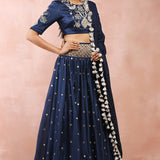 Navy Embroidered Choli And Lehenga With Dupatta
