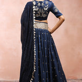 Navy Embroidered Choli And Lehenga With Dupatta