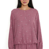 Magenta Linen Embroidered Top And Joggers