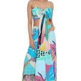 Aqua Tropical Print Bow Tube And Pallazo Pant