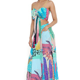 Aqua Tropical Print Bow Tube And Pallazo Pant