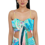 Aqua Tropical Print Bow Tube And Pallazo Pant