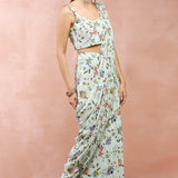 Mint Embroidered Choli With Pre-Stitched Saree