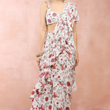 Off White Gulbagh Print Embroidered Choli With Pre-Stitched Frill Saree