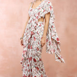Off White Gulbagh Print Embroidered Choli With Pre-Stitched Frill Saree